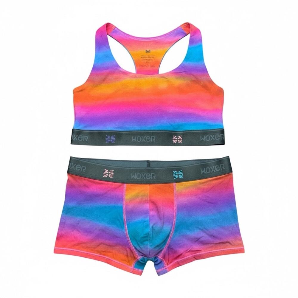 Woxer Womens M Rainbow Tie Dye Sports Bra Boxer Brief Set Comfy Breathable NWOT